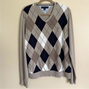 Tommy Hilfiger Men's Argyle V-Neck Sweater Cotton Long Sleeve Tan & Blue Size L